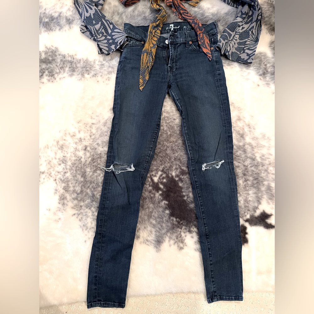7 For All Mankind distressed blue skinny jeans, size 27